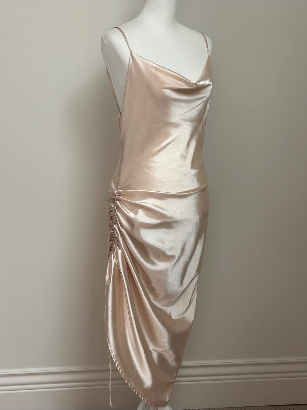 Satin Cowl Neck Ruched Slip Dress - Cream